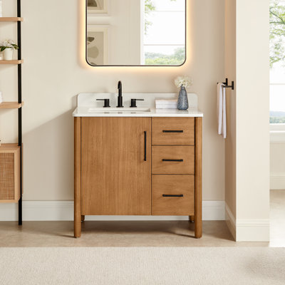 Meuble-lavabo simple 36 po Velora en manguier brun avec grain de pierre blanc et miroir