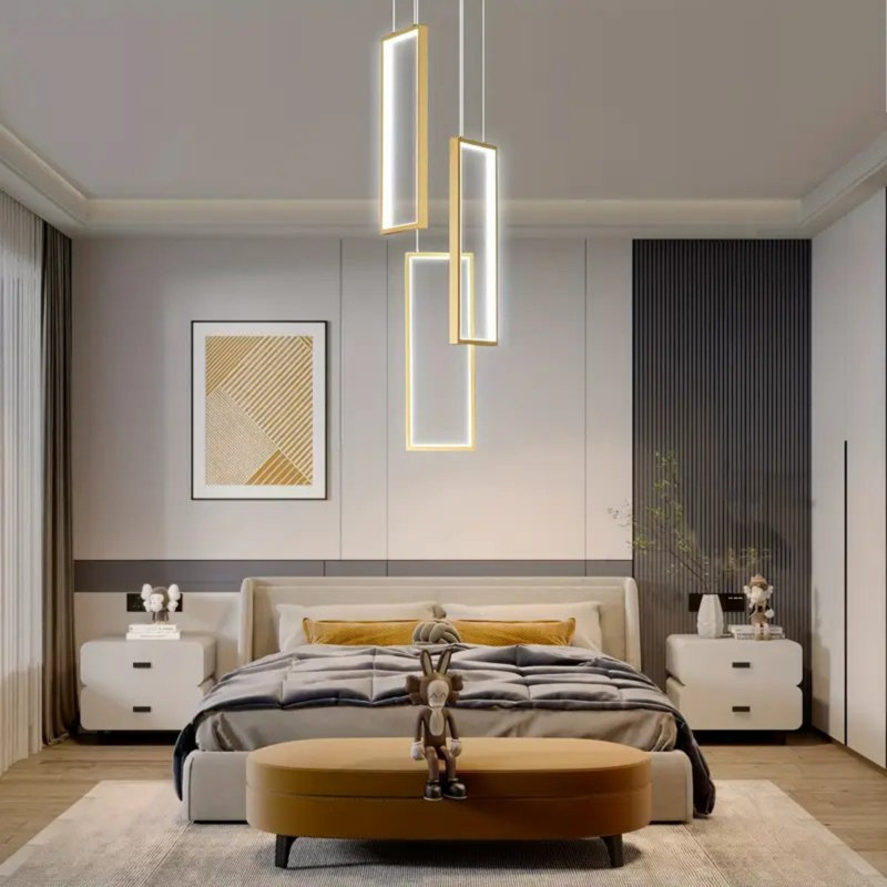 Lustre 40W DEL rectangulaire - 3 lumières annulaires à intensité variable avec cadre en métal doré