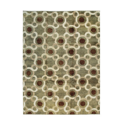 Marimon Green Hand Knotted Wool Transitional Geometric Handmade Area Rug