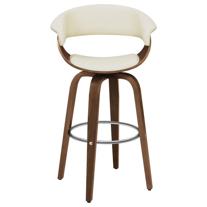 Ecru Faux Leather Walnut Swivel Bar Stool with Chrome Footrest