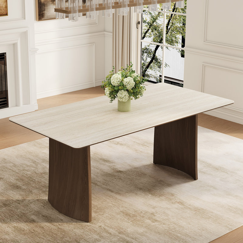 Table de salle à manger 70,8 po en pierre blanche moderne, plateau double couche avec bases doubles, sièges 6 à 8