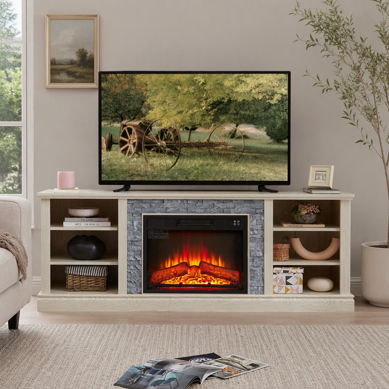Meuble télé moderne en faux pierre empilée avec insert de foyer intégré et spacieux placards de rangement ajustables