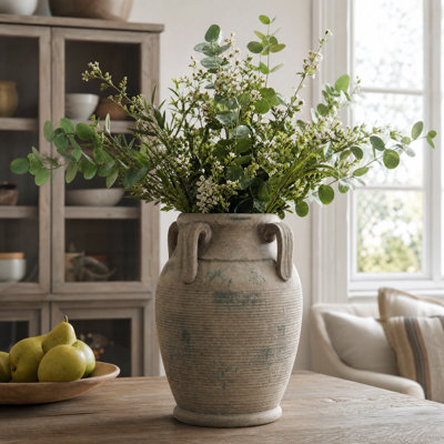Rustic Weathered Beige Four-Handled Textured 14.6'' Tall Terracotta Jar VaseVase