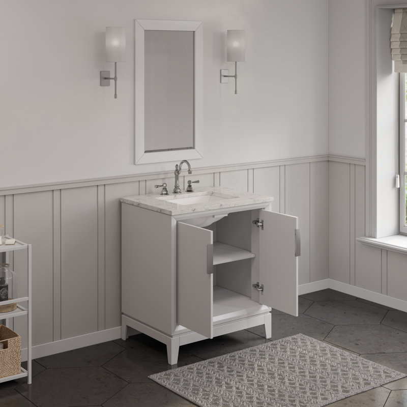 Elizabeth 30" Carrara White Marble Countertop Bath Vanity with Mirror, Pure White