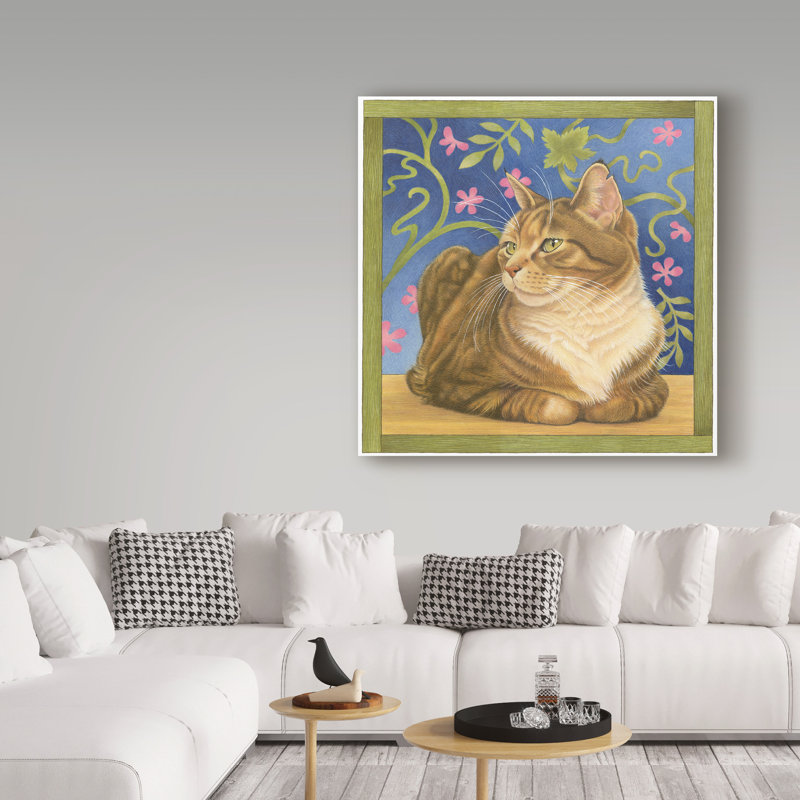 «Cat Over Pink Flowers» par Furtado, reproduction d'art sur toile tendue, H 18 po x l 18 po x P 2 po