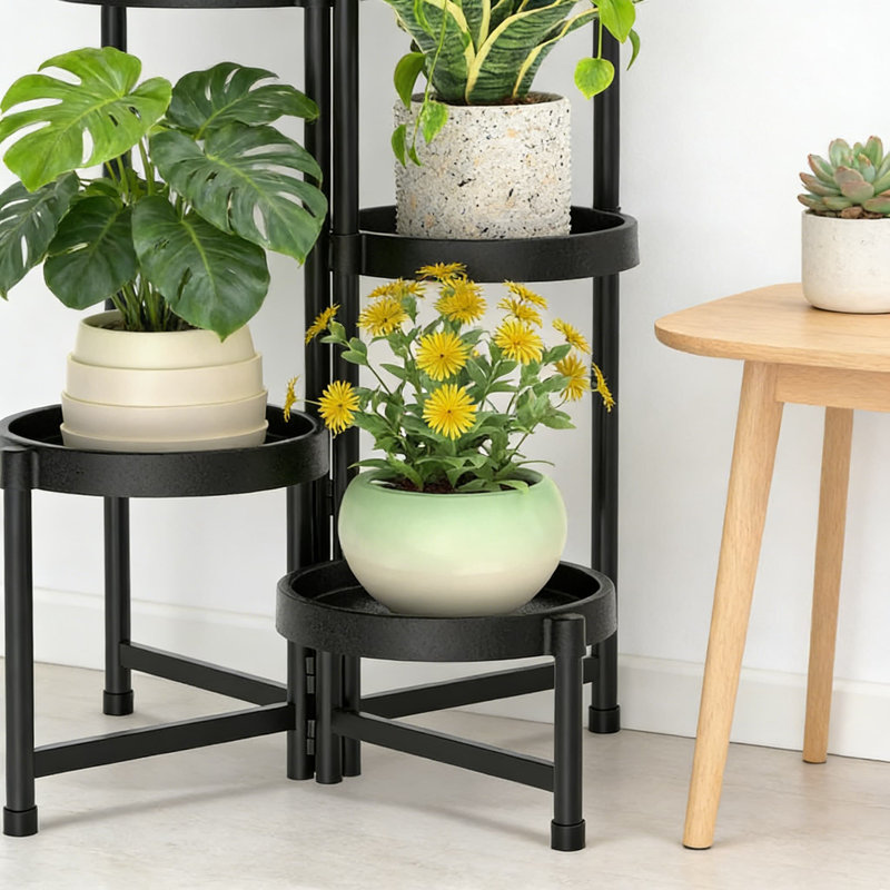 Support pour plante pliante à 5 niveaux avec plateaux imperméables, tablette d'angle en métal robuste pour une utilisation intérieure / extérieure dans le salon, le patio, le balcon et le jardin