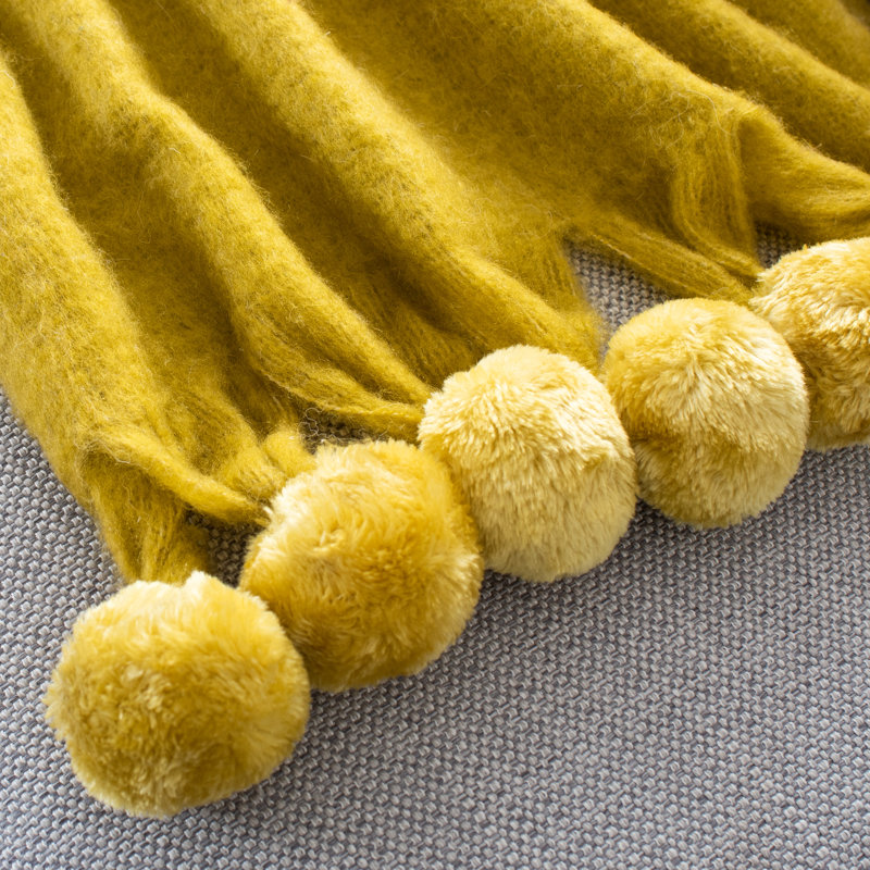 Shae Mustard Yellow Wool Throw Blanket with Pom Poms