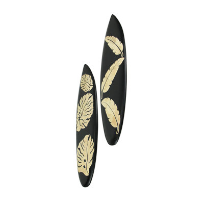 Ensemble tropical de 2 sculptures murales de planche de surf en bois fabriquées à la main avec des motifs de feuilles gravées - blanc antique et noir, 20 po x 5,75 po x 0,5 po chacune