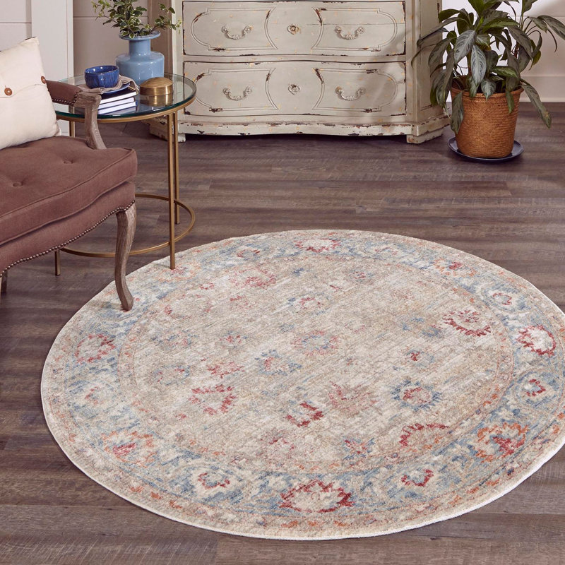 Tapis traditionnel ivoire / rouge / bleu Kylee, Rond 5 pi 1 po