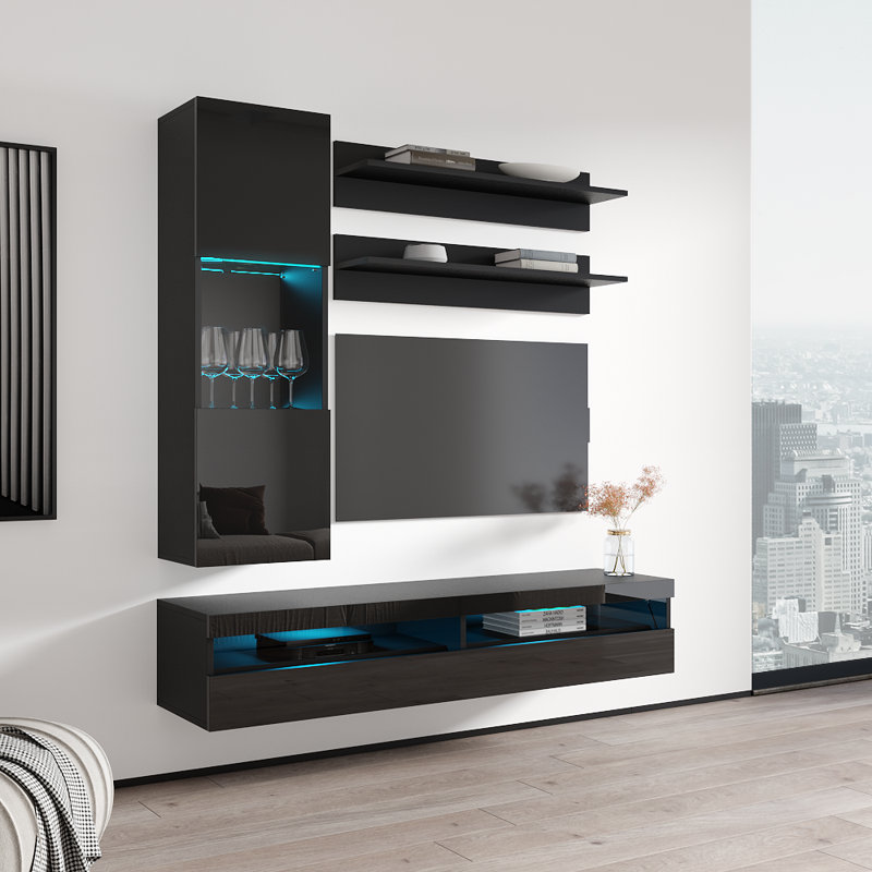 Lineville 63" Modern Floating Wall Mounted Entertainment Center with 16-Color LED Lighting, High Gloss Finish, Black