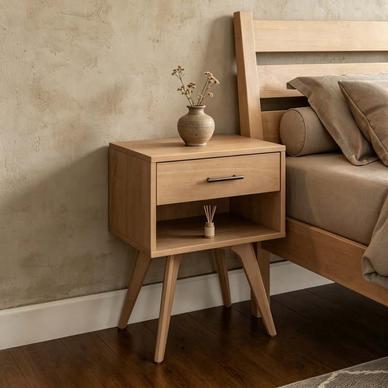Table de chevet Mid-Century moderne en bois massif avec tiroir simple, finition chêne clair, facile à assembler