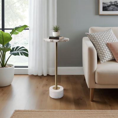 Accent Table Stone Agate and Marble Top Iron Base Finish for Living Room Bedroom Office - 24" White & Gold