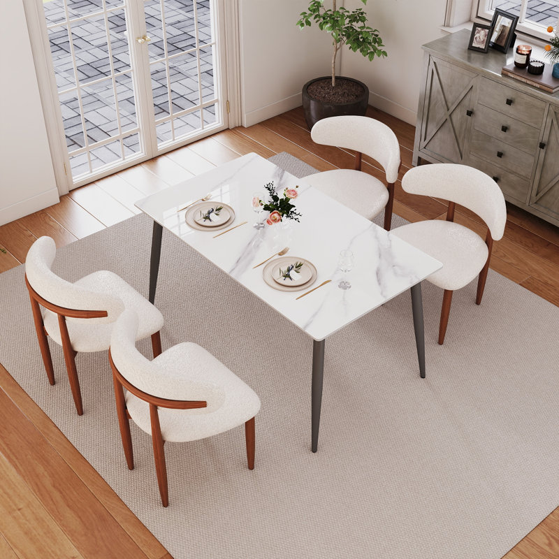 Juvan 5-Piece Modern Rectangular Sintered Stone Dining Table Set With 4 Solid Wood Chairs, Beige/Brown, Snow White, Gray