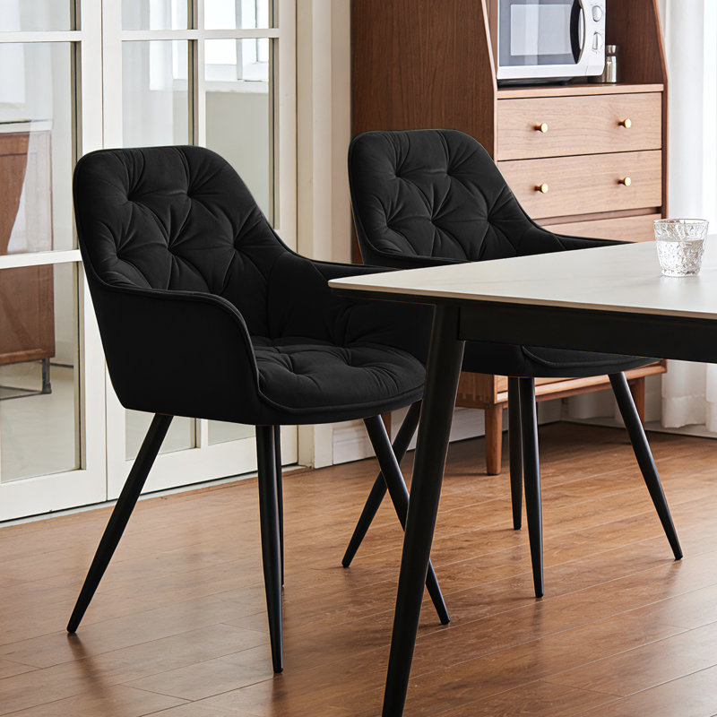 Velvet Upholstered Armrests Tufted Dining Chair with Wide Back 50cmH, Black
