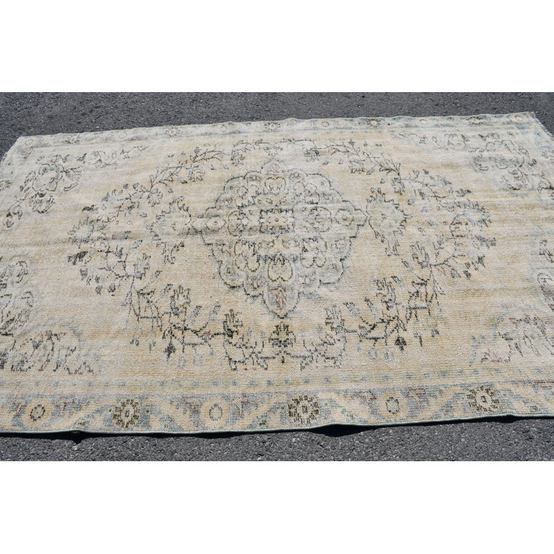 Tapis turc rétro Oushak - fait à la main en laine de style antique oriental nomade brun / beige