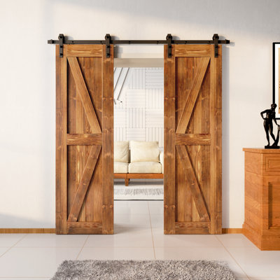 Porte en bois de pin K Design non assemblé avec quincaillerie d'installation rustique noire à deux portes