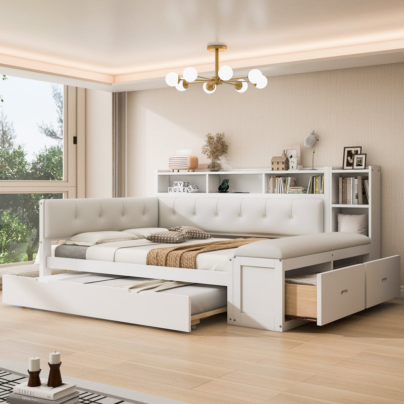 Full Size Wood Daybed with Trundle, Storage Shelves, Bench, USB Charging & Upholstered Headboard, White+Cream White Cushion