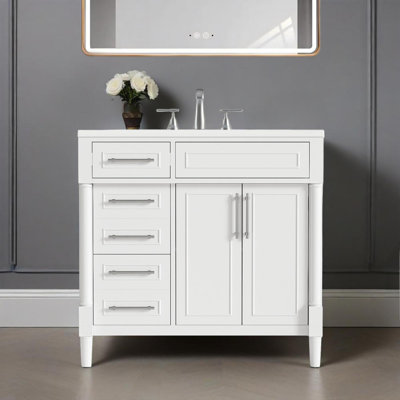 Meuble-lavabo de 36 po avec lavabo en résine supérieur, armoire de rangement autoportante avec 2 tiroirs et un tiroir basculant