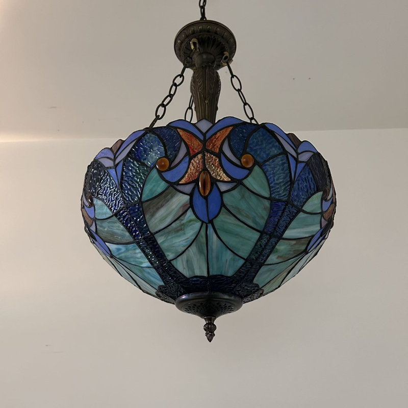 Bronze Bowl Pendant Light with Blue and Green Stained Glass Shade
