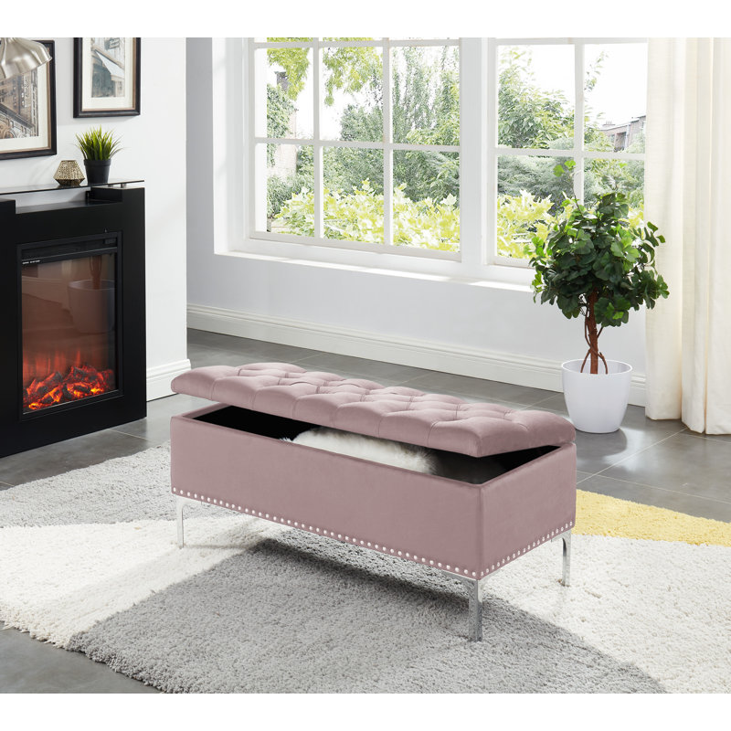 Carmel Velvet Upholstered Storage Bench, Baby Pink