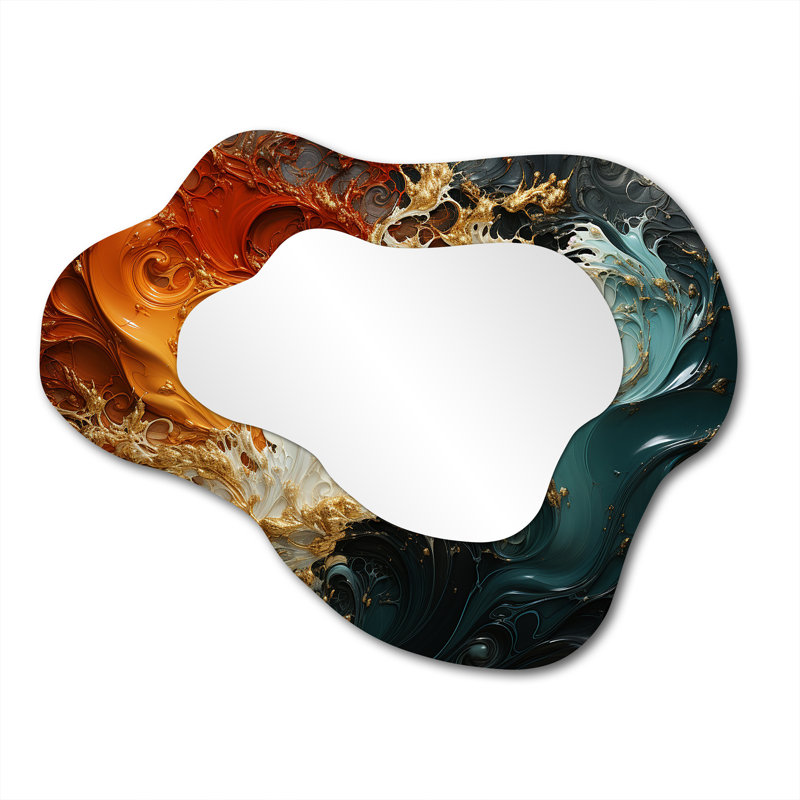 White blue and orange ink storm I - Abstract Painting Asymmetrical Decorative Mirror, Modern Cloud Wall Mirror, Printed Metal Art