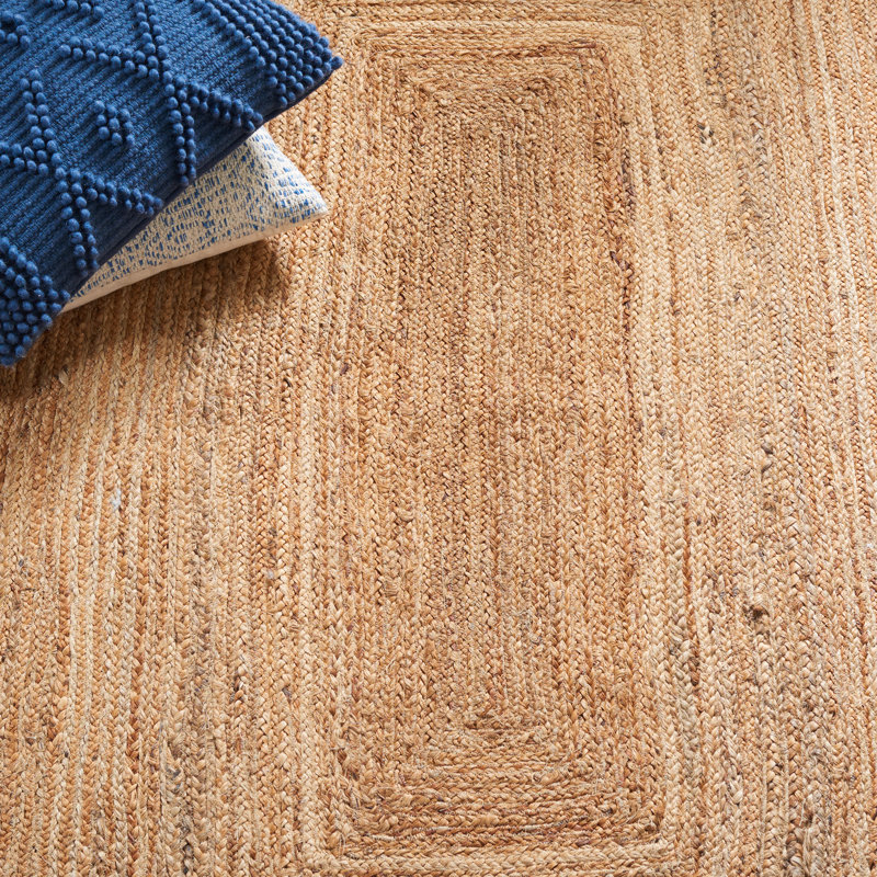 Rea Natural Fiber Flat Weave Jute/Cotton Striped Rug in Natural/Blue, Rectangle 3' x 5'