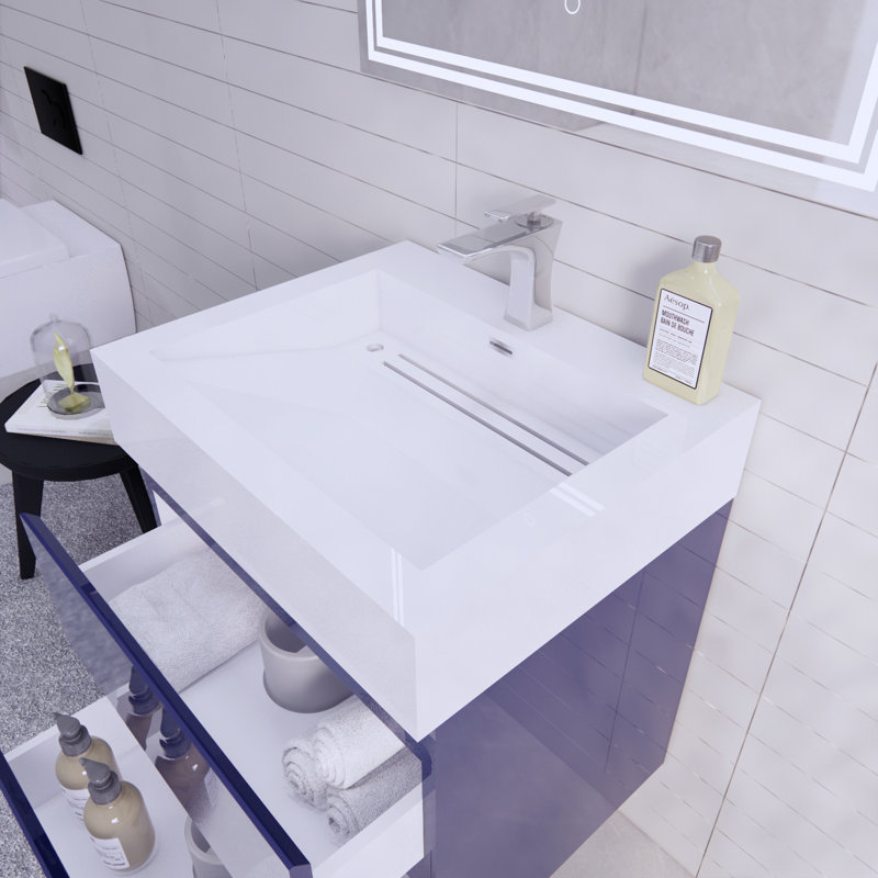 Ensemble de meuble-lavabo mural simple 24 po Babajide, Bleu nuit ultrabrillant