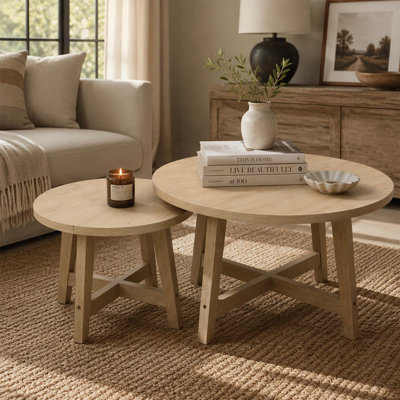 Set of 2 Round Nesting Coffee Tables, Natural Wood Finish Modern Side Tables, X-Shaped Frame Stackable End Tables for Living Room, Bedroom, Balcony