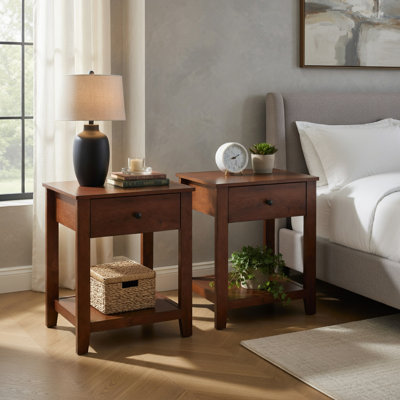 Ensemble de table de chevet en bois 2 pièces avec tiroir et tablette ouverte, table d'appoint moderne pour le chevet, le salon, le dortoir ou la chambre d'amis, brun