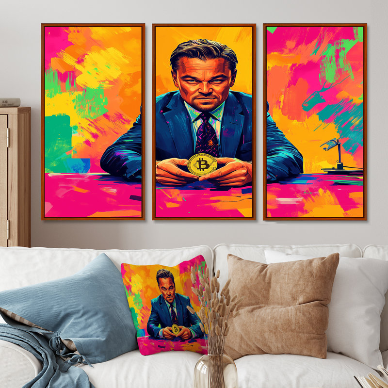 Ensemble de salon Popart Bitcoin Leonardo Dicaprio - loup de Wall Street, Toile avec cadre flottant brun
