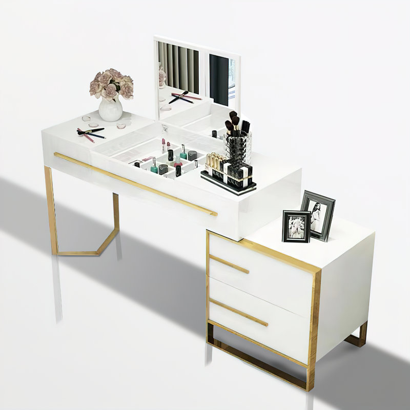 47.2" Modern White Makeup Vanity with Flip-Top Mirror, 4 Drawers, Storage Compartments & Gold Metal, White/Gold