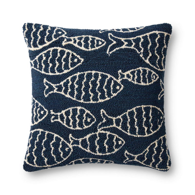 Cavett Embroidered Outdoor Reversible Throw Pillow, Down, Navy