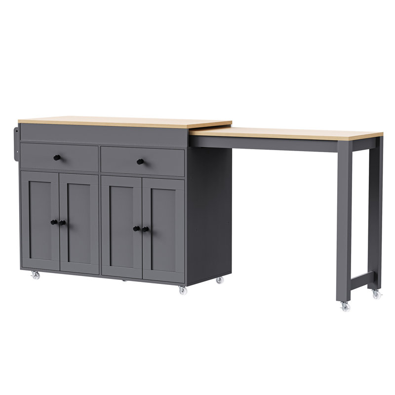 74.5 Inch Rolling Kitchen Island With 27" Extendable Table, 44"X19.75" Island, 2 Drawers, 7 Removable Universal Wheels And Spice Rack, White 4 Door Cabinet, Smooth