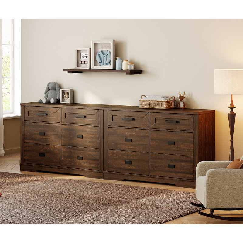Glenford 94.5" Wide Large Modern Farmhouse Wooden 6-Drawer Dresser Set Of 2 For Teenagers, Brown