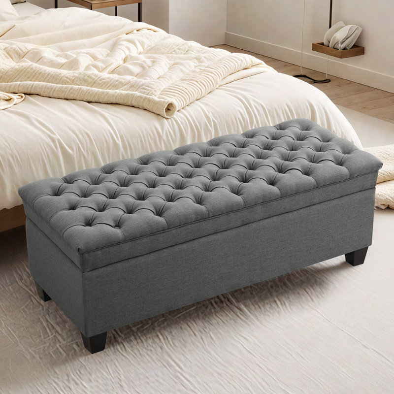 Banc de rangement à couvercle rabattable en lin 51 po, Gris foncé
