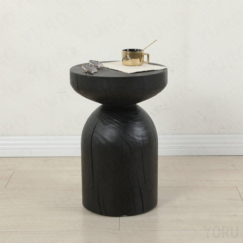 Table d'appoint / de bout ronde 12,4 po - Bois de manguier massif, rétro brûlé - noir, 17.71" H x 12.4" W x 12.4" D