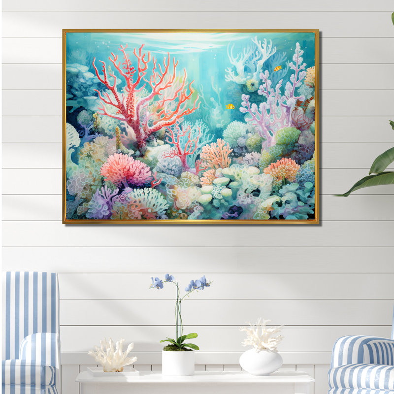 Underwater Coral Symphony Ii II - Coastal Coral Under Water, art mural, H 30 po x l 40 po x P 1,5 po, Cadre flottant doré