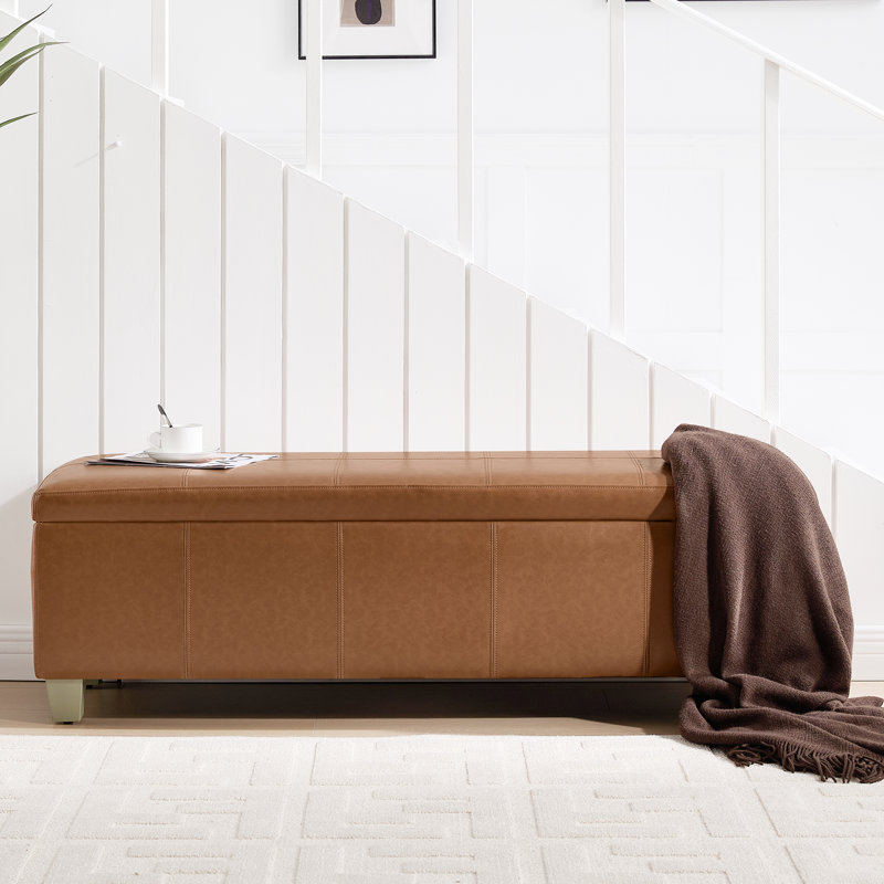 Banc de rangement rembourré en similicuir de 41 po de largeur, H 15,5 po x l 41 po x P 16,3 po, Marron clair