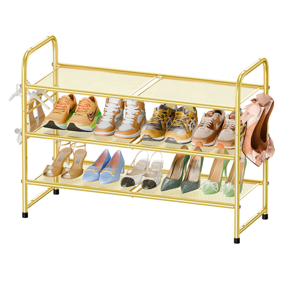 32'' Wide 3-Tier Metal Mesh Shoe Rack for Closet, Stackable and Adjustable, Good for High Heels Hokku Designs 