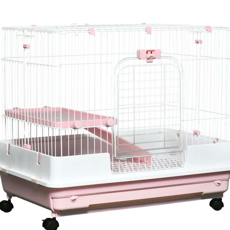 Cage pour animaux à 2 niveaux avec roulettes et plateau amovible pour le bonheur des animaux, chinchillas roses, lapin et rampe furet
