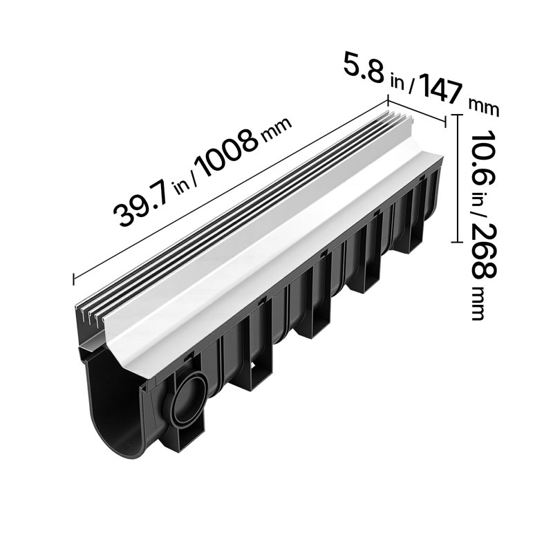 Trench Drain, 39.7 x 5.8 x 10.6 in, Linear Drainage Channel with Stainless Steel Grate, HDPE Channel Drain, Outdoor Drainage System for Driveway, Patio, Pool, Garden, Black & Silver