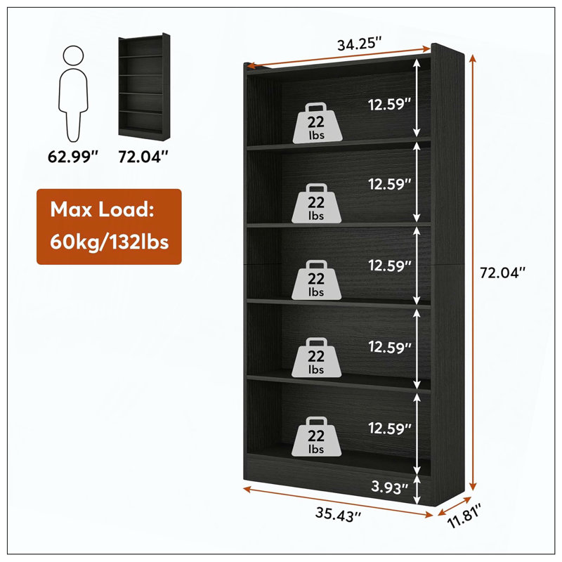 Bibliothèque de rangement moderne à 6 niveaux, (6 tablettes) H 70,87 po x l 11,81 po x P 35,43 po