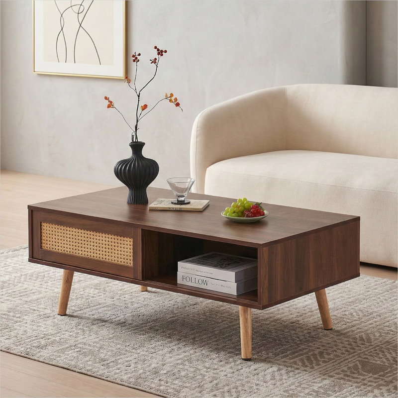 Table basse avec finition en rotin brun et porte coulissante pour le salon