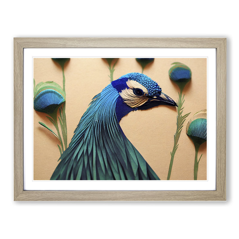 Outstanding Peacock - Single Picture Frame Print, 25cm H x 34cm W x 2cm D, Oak