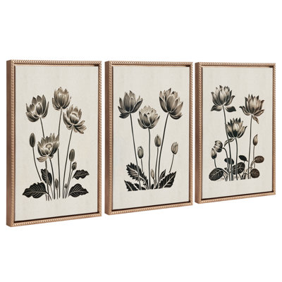 Simple Modern Linocut Neutral Lotus Flowers by The Creative Bunch Studio Framed Canvas Wall Art Set