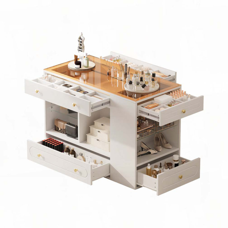 Closet Island with 6 Drawers, Wardrobe Armoire Bedroom Island with Glass Display Top and Open Shelves, White