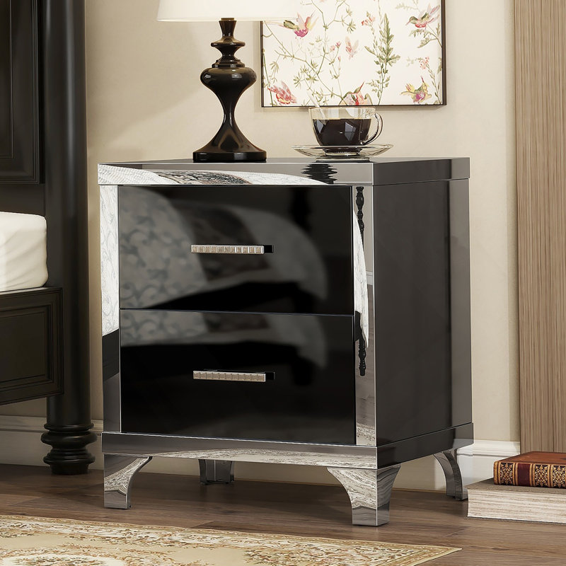 Table de chevet élégante avec poignée en métal, table de chevet avec miroir et 2 tiroirs pour la chambre à coucher et le salon