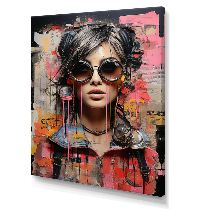 Pink Grunge Woman In Collage I - Woman Pop Art Wall Art, Wrapped Canvas, 60" H x 40" W x 1.5" D