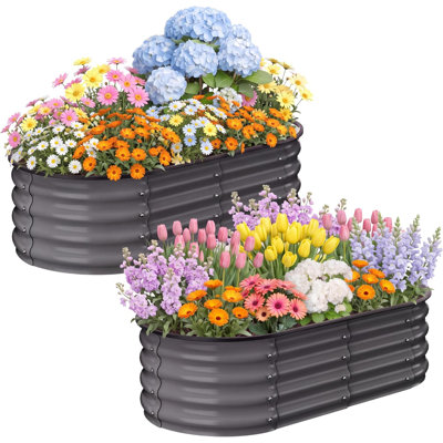 2 Pack 5x2x1ft Galvanized Raised Garden Bed Outdoor, 2-in-1 Oval & Rounded Square Metal Raised Garden Bed Planter Box, Planter Raised Beds for Gardening, Open Bottom, Safety Edge - Dark Gray