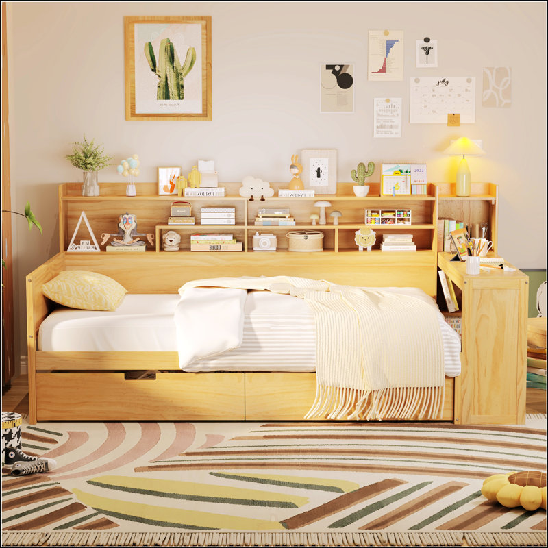 Wooden Twin Size Daybed With Storage Shelves, Twin, Antique White